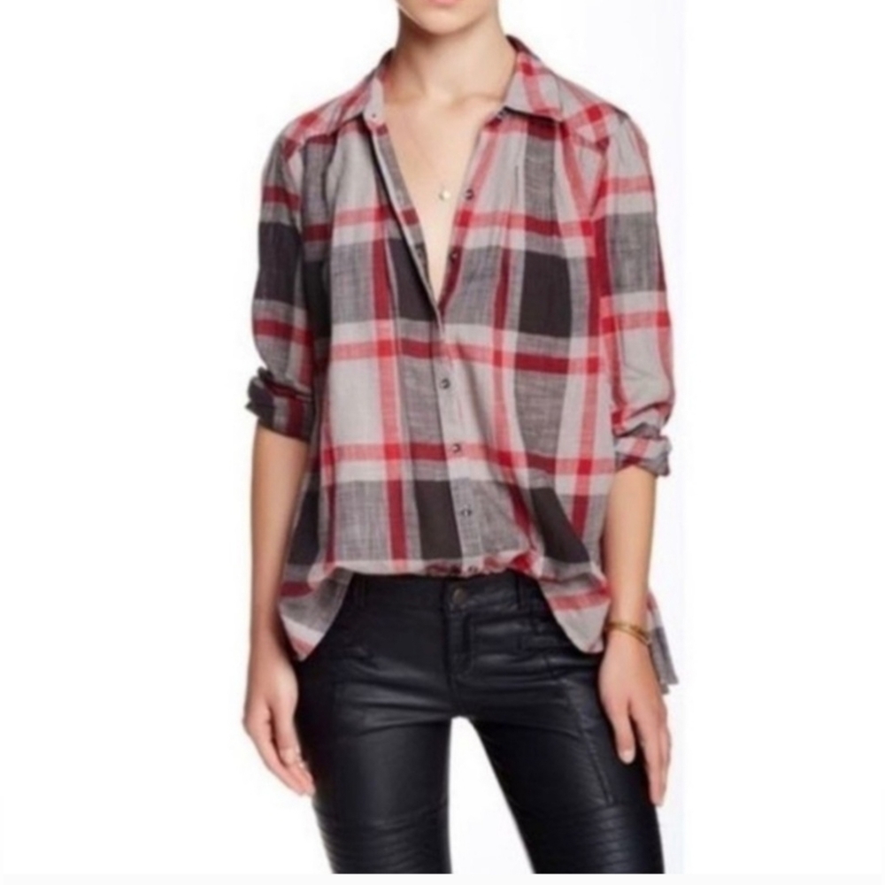 Free People Women's Red Gray  plaid, Tunic/Blouse, Long Sleeve Size M.